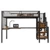[32552890SAA] Iron Bed, Bunk Bed, Loft Bed, with Desk and Wardrobe, Side Ladder with Handrail, Iron+Chipboard, Black+Dark Wood Color, 90x200cm