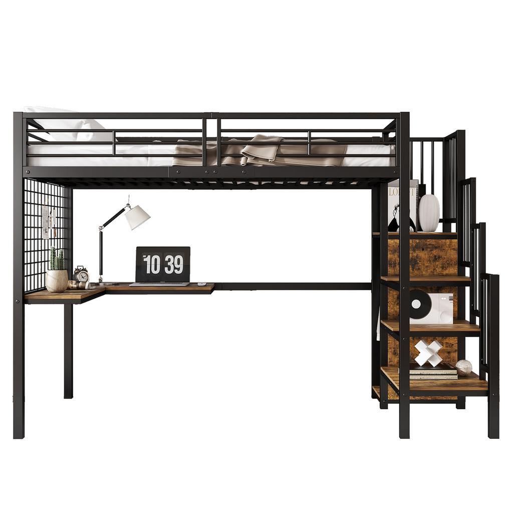 [32552890SAA] Iron Bed, Bunk Bed, Loft Bed, with Desk and Wardrobe, Side Ladder with Handrail, Iron+Chipboard, Black+Dark Wood Color, 90x200cm
