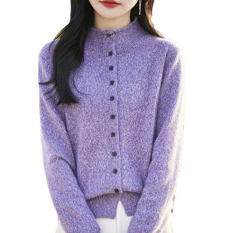 Ladies' Floral Stand Collar Worsted Wool Knit Cardigan Sweater - Autumn/Winter Fashion