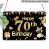 2D Flat, 1pc "Happy 70th Birthday" Black & Gold Plaque - 70th Birthday Decor Sign with Glitter Number & Balloons, Black & Gold - Aluminium Wall
