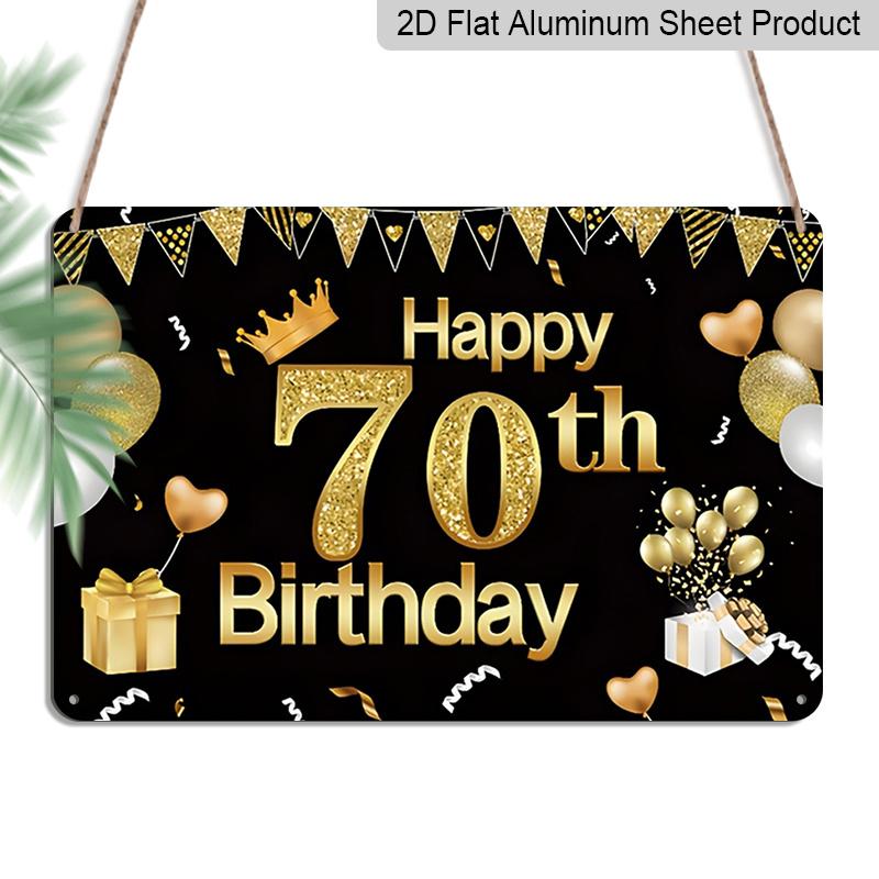 

2D Flat, 1pc Happy 70th Birthday Black & Gold Plaque - 70th Birthday Decor Sign with Glitter Number & Balloons, Black & Gold - Aluminium Wall 20*30cm