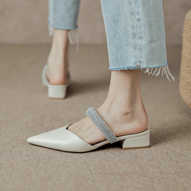 Rhinestone Light Luxury Pointed Head Bag Head Fashion Temperament Cool Slippers Women's Thick Heel 2025 Summer New Shallow Middle Heel Muller Shoes