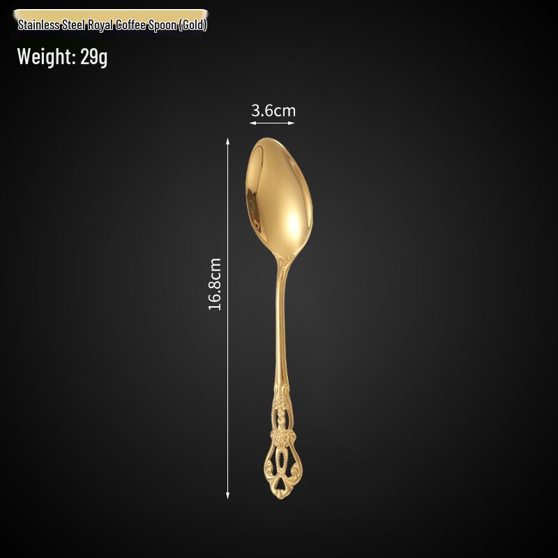 Royal Court 5-Piece Cutlery Set: Vintage Titanium-Plated Gold Stainless Steel Knife, Fork & Spoon with Embossed Hollow Design.