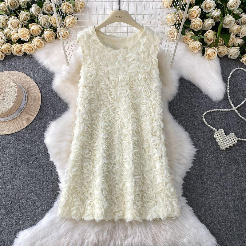 

Socialite High end Three-Dimensional Rose round Neck Sleeveless Vest Dress Women Summer Beautiful Immortal Age-Reducing Slimming Short dress Apricot color One size