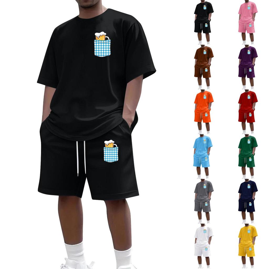 Herren Casual Kurzarm T-Shirt und Shorts Set Rundhalsausschnitt Oberteil und Bund mit Kordelzug Unterteil mit Taschen detail Geeignet für den täglichen Gebrauch