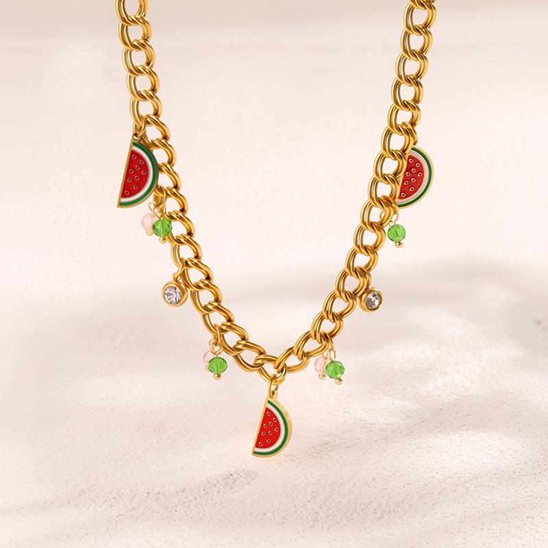 Titanium Steel Necklace, Cool Summer Watermelon Pendant Necklace Female, European and American Fashion Niche Light Luxury Collarbone Chain