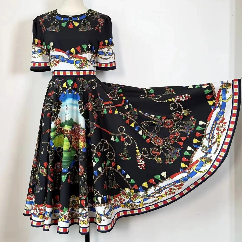 Marka Fashioni Letnia Vintage Sukienka Midi Damska Krótki Rękaw Okrągły Dekolt Empire Kwiatowy Wzór Długa Sukienka na Plażę Imprezę Wieczorową