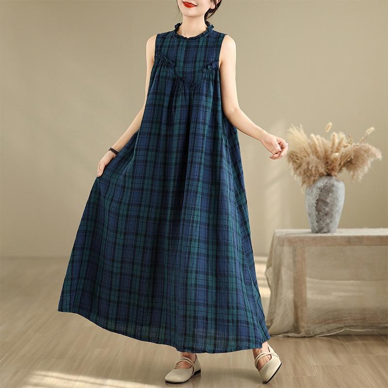 Real Shot Summer New Cotton and Linen Large Size Plaid Vest Skirt Chest Splicing Fungus Edge Sleeveless Dress