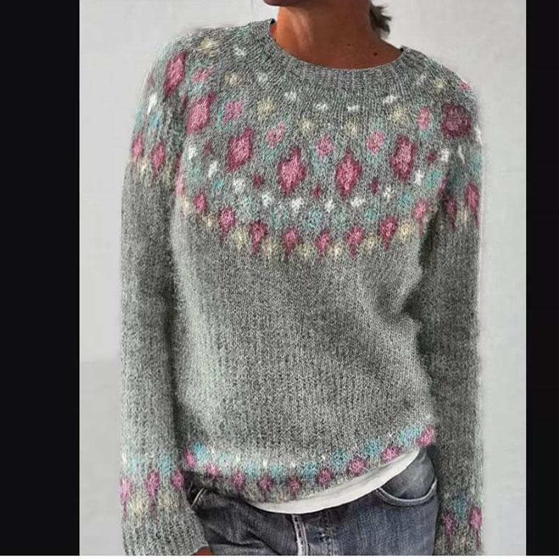Geometric Print Sweater Women Acrylic Knit Pullover Color Block Fashion Top Loose Fit Round Neck Long Sleeve Casual Comfortable Wear