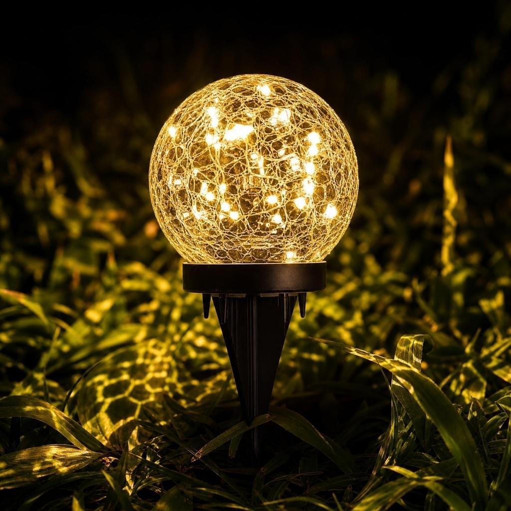 Cracked Glass Ball Garden Light - Outdoor Ground Stake Decorative Lamp for Yard Path