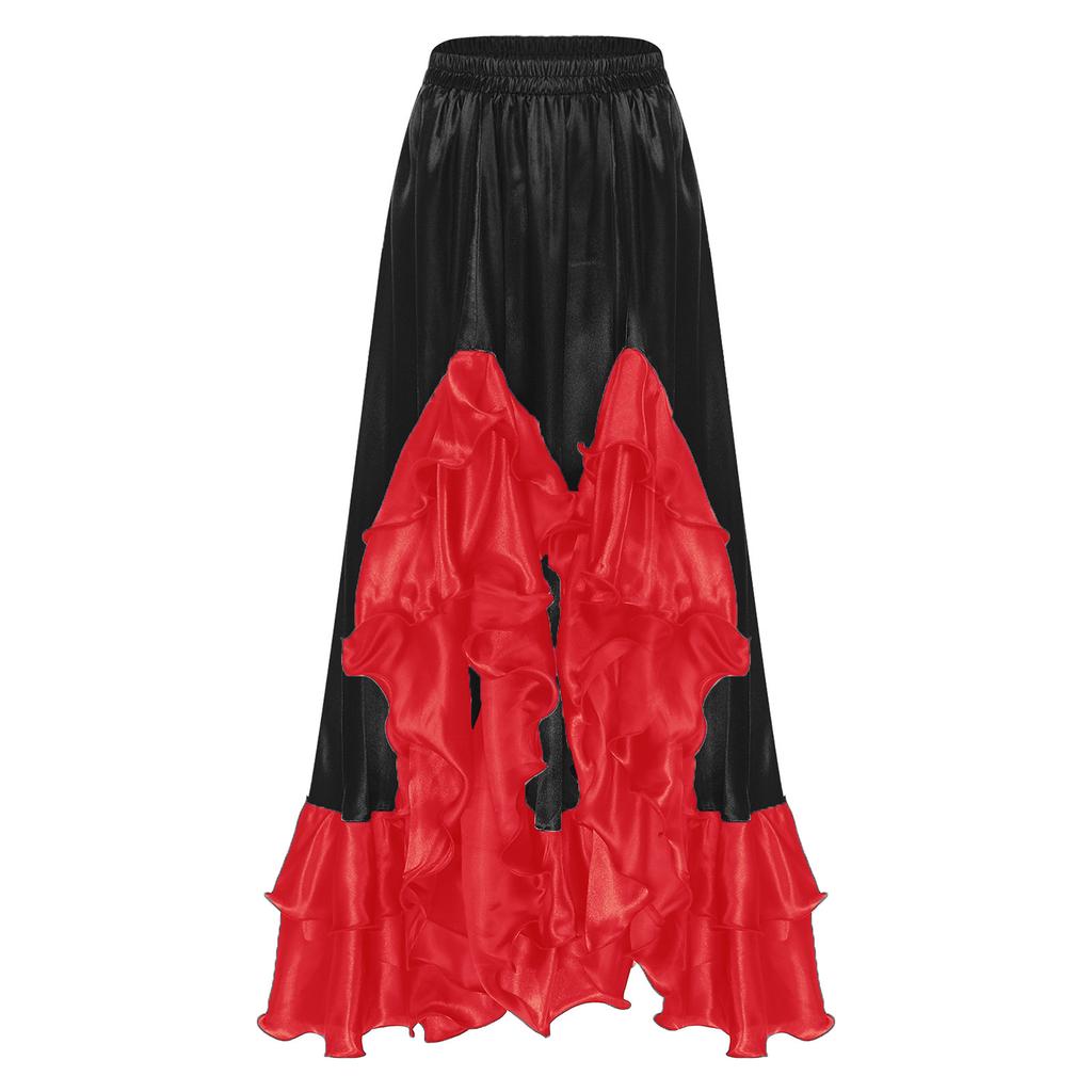 Ladies Spanish Dance Skirt Flamenco Style Ruffled Trim Irregular Hem Satin Elastic Waist Big Swing Skirt