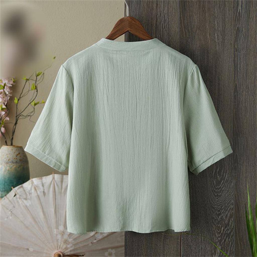 Women's Vintage Inspired Loose Fit Mid Sleeve Cotton Linen Blend Embroidered Button Front Cardigan