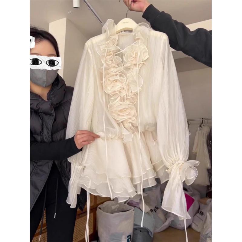 Koreanisches süß-würziges V-Ausschnitt Rüschen Blumen Midikleid