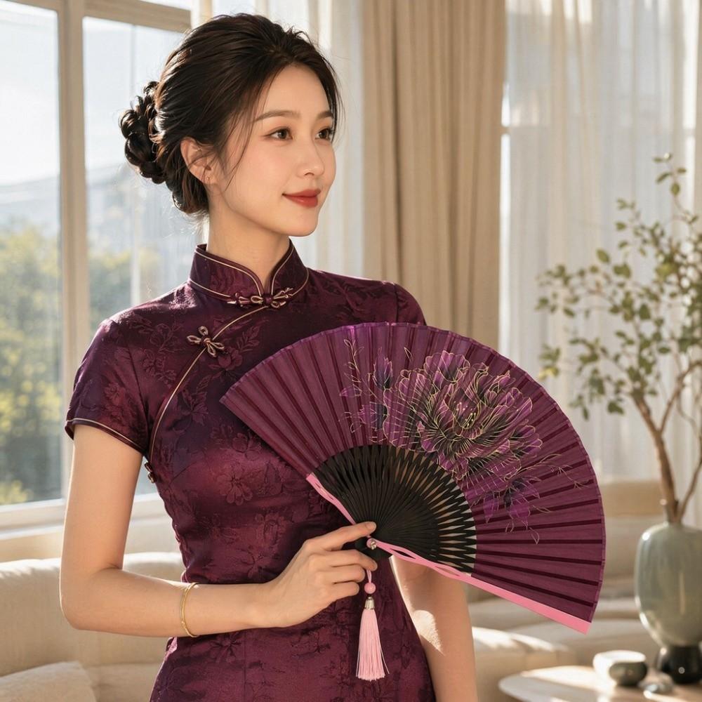 Bambusrahmen Faltbarer Handfächer Pfingstrosenblüten Tanzfächer Sanftes Design Retro Handfächer Geschenkidee