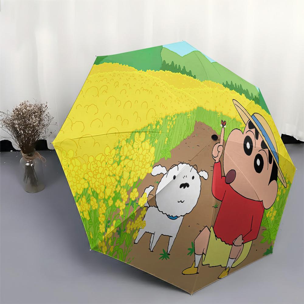 Crayon Shin-chan & Shiro Flower Field Fully Automatic Folding Umbrella, Waterproof Windproof UV Protection for Outdoor Travel