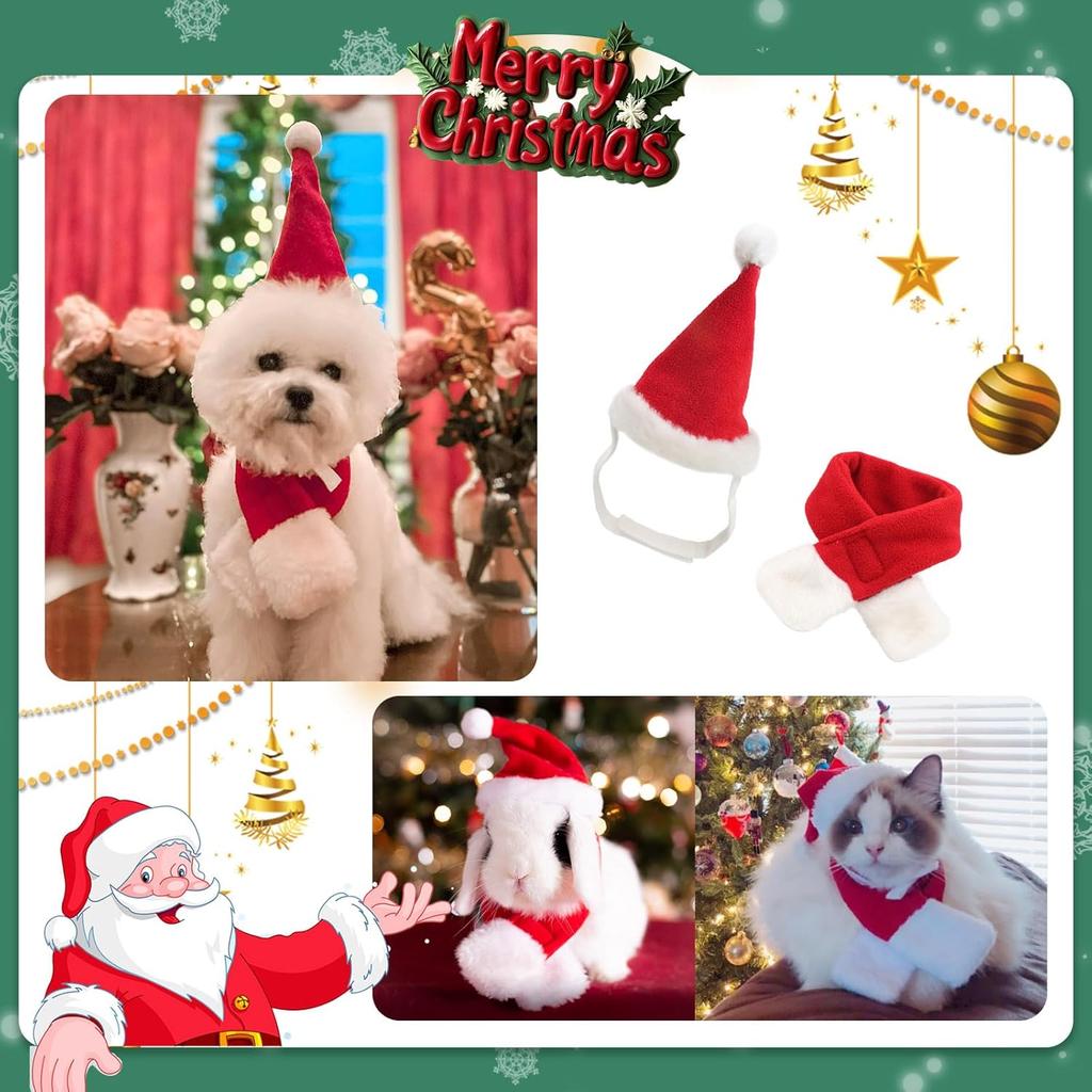 Christmas Pet Costume Set Adjustable Santa Hat Scarf for Small Dogs Cats Puppy Party Photo Props