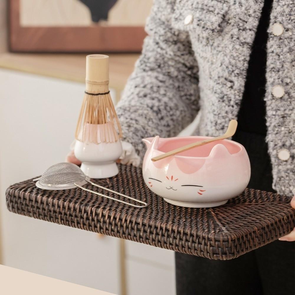 2/5/7pcs Pink Color Cat Ear Tea Bowl Ceramic Bowl Japanese Tea Whisk Matcha Tea Set  Home Brewing