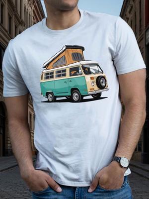 Vintage Camper Van Print Mens TShirt Breathable Cotton Casual Crew Neck Short Sleeve Tee