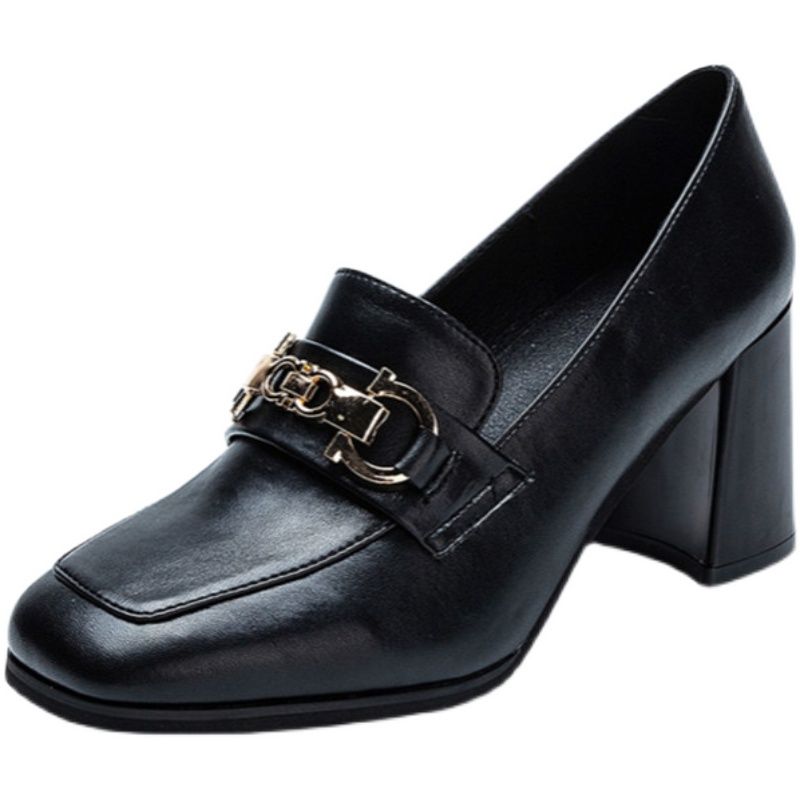 FHC New Soft Women Pumps,High Heels,Loafers Shallow Shoes,Square Toe,Slip On,British Style,Black,Beige,Dropship