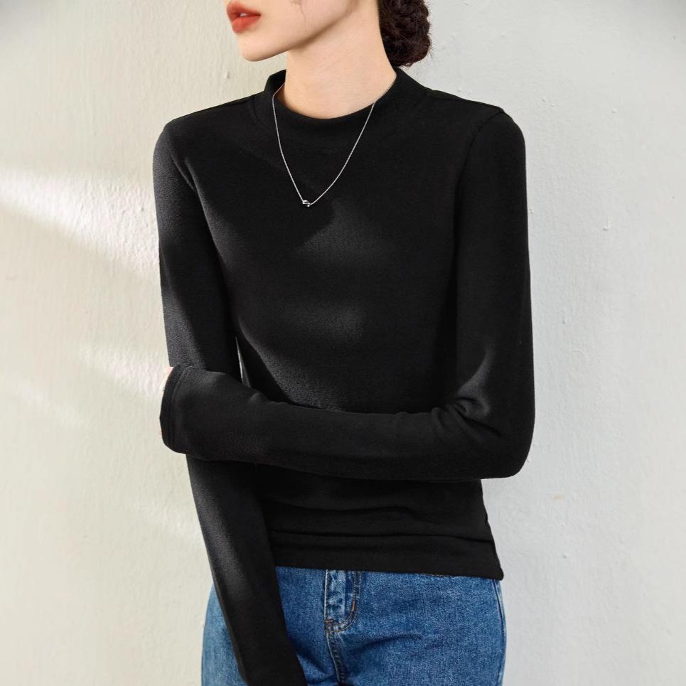 Women's German Velvet Double-Sided Red Half-High Collar Long-Sleeve Top - New for Autumn/Winter 2024