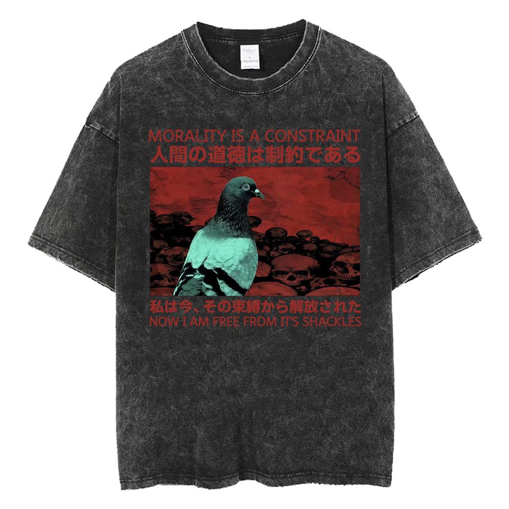 Morality Is A Constraint Funny Pigeon Japanese Style Vintage Washed T-shirts Men Women Harajuku Gothic Loose T Shirts Streetwear S разноцветный