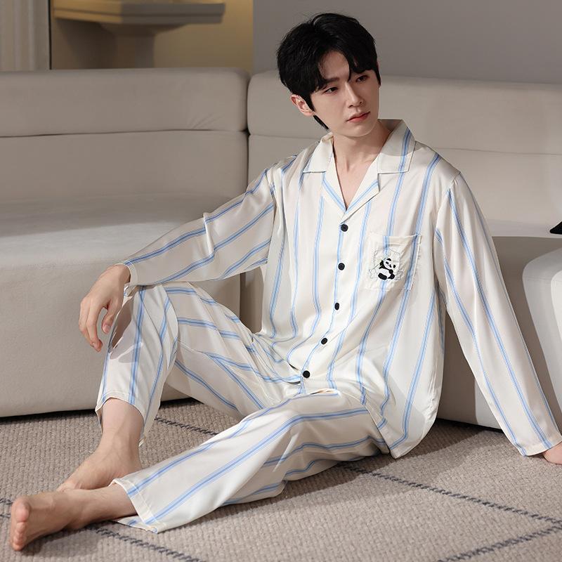 

Ice Silk Pajamas Men S Spring And Autumn Summer Long-Sleeved Thin Imitation Silk Four-Season Loungewear L