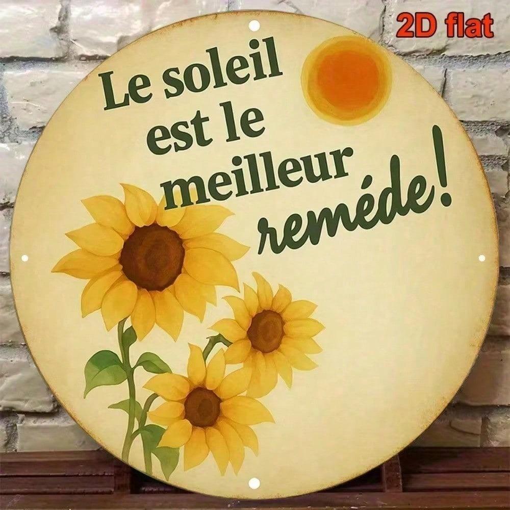 Vintage French Country Sunflower Metal Wall Art Sign 8 Inch Round Aluminum Plaque