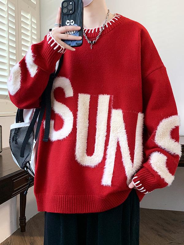 Men's Thickened Round Neck Letter Knit Sweater - Autumn/Winter Casual Jacquard Pullover