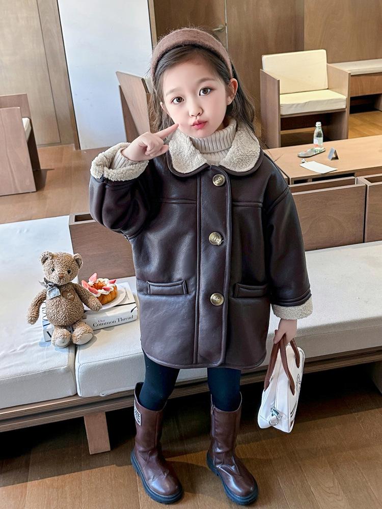 Girls' 2025 Fleece-Lined Leather Jacket - Thickened Winter & Autumn Fashion Coat