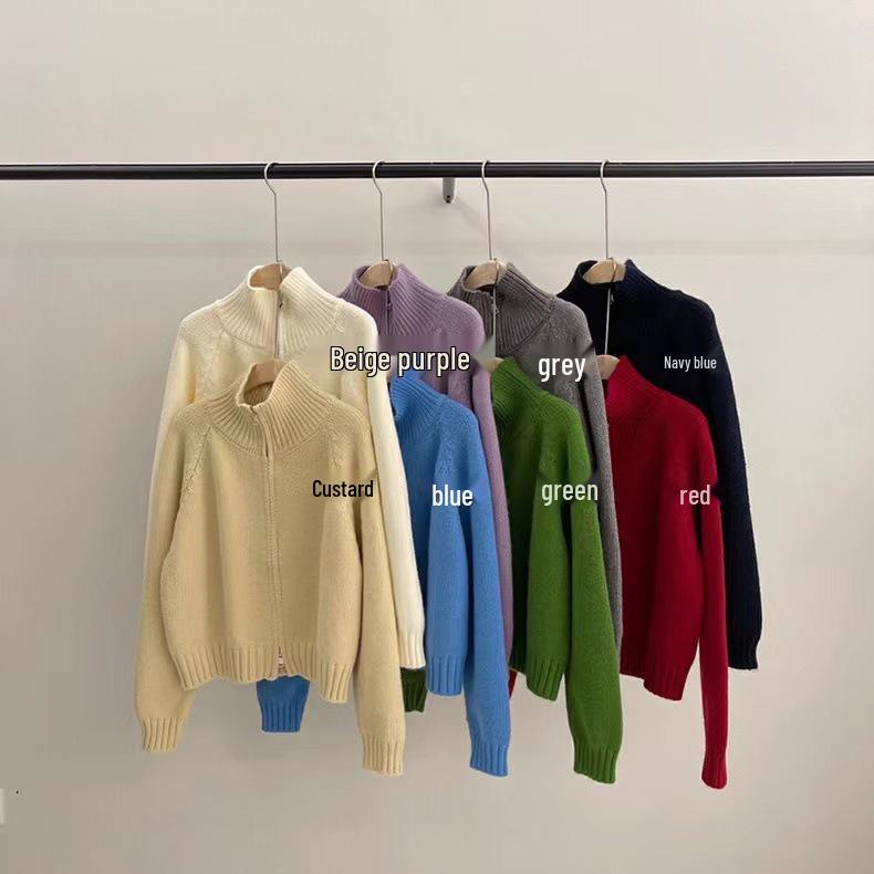 Women's Korean Style Stand Collar Double Zipper Knit Cardigan