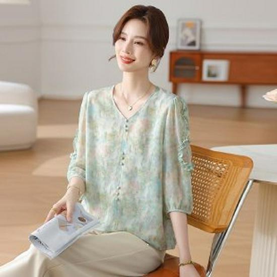 Elegant Chiffon Seven-Sleeve Spring/Summer Top for Middle-Aged & Elderly Women 2XL