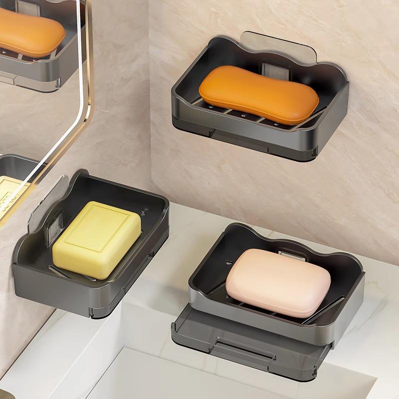 Bathroom Soap Dishes Free-Punching Wall Mounted Sticker Soap Sponge Holder Organizer Double Drainage Dish With Hooks Accessories