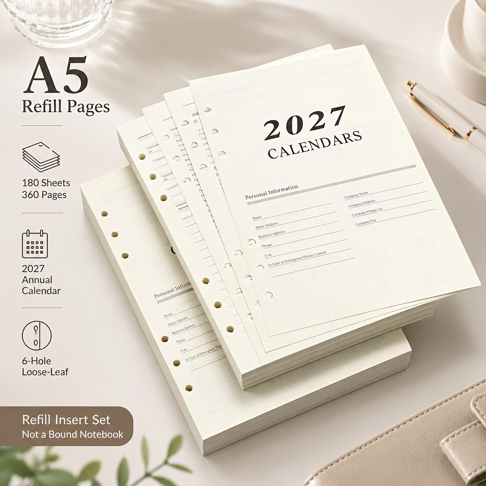 Calendario Inglese a Fogli Mobili 2027, Formato A5, Prodotto da 12 Mesi con 180 Fogli/360 Pagine. Fogli di ricambio per agenda per pianificazione giornaliera a 365 giorni