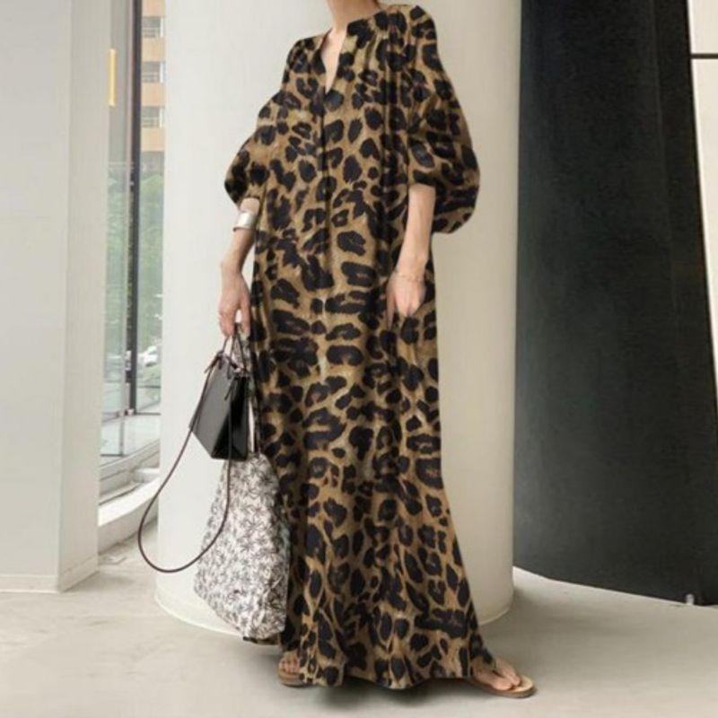 New Leopard Print Print Casual Bubble Long Sleeve Dress