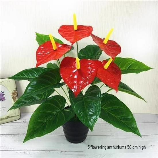 Künstlicher Strauß roter Anthurien: Zimmerdekoration: Topfarrangement mit künstlichem Grün und kleinem Bonsai-Ornament