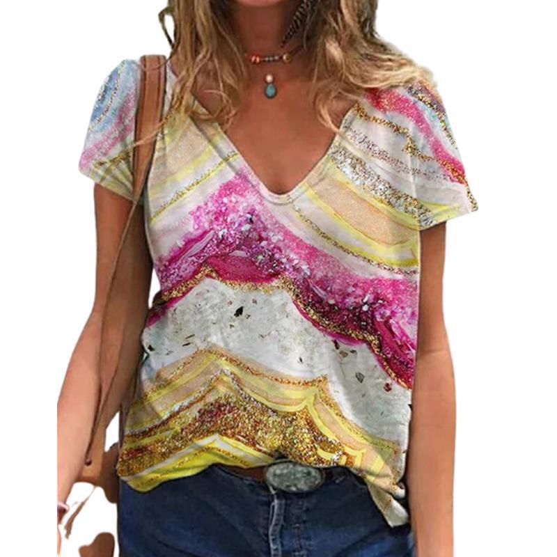 Summer Floral Printed T-shirt for Women Short Sleeved V-neck T-shirt