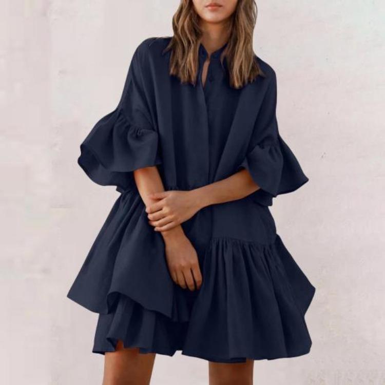 Summer Casual Loose Swing Dress for Women Babydoll Tiered Ruffle Sleeve Pleated Mini Mid-Length Dress Daily Life Beach Parties