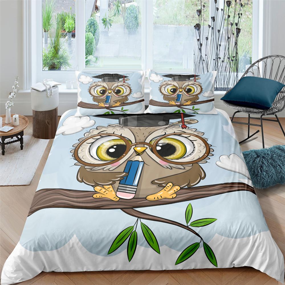 Cartoon Owl King Queen Duvet Cover Gray Cute Animal Bedding Set Pink Orange Grey Flowers Comforter Cover Polyester Quilt Cover
