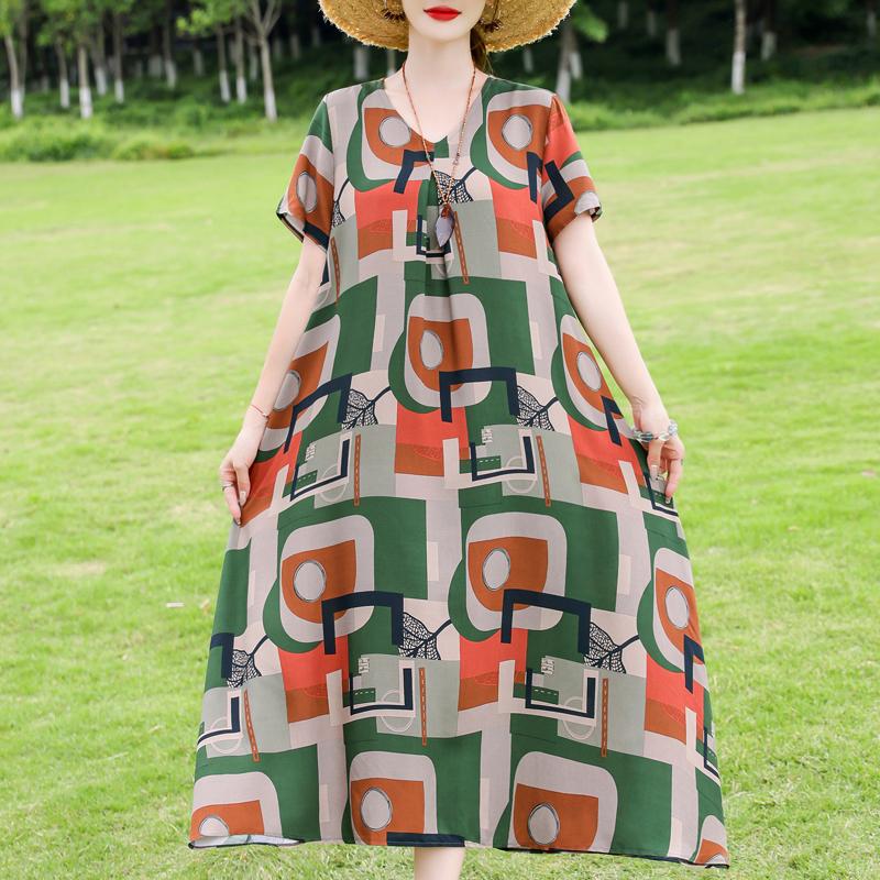 Elegant Women's Dresses Summer Vintage Clothes Plus Size Short Sleeve Casual Loose Long Dress