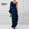 Talos Women's One Shoulder Asymmetric Ruffle Satin Dress, Formal Evening Party Gown, Long Sleeve Ruched Bridesmaid Dress