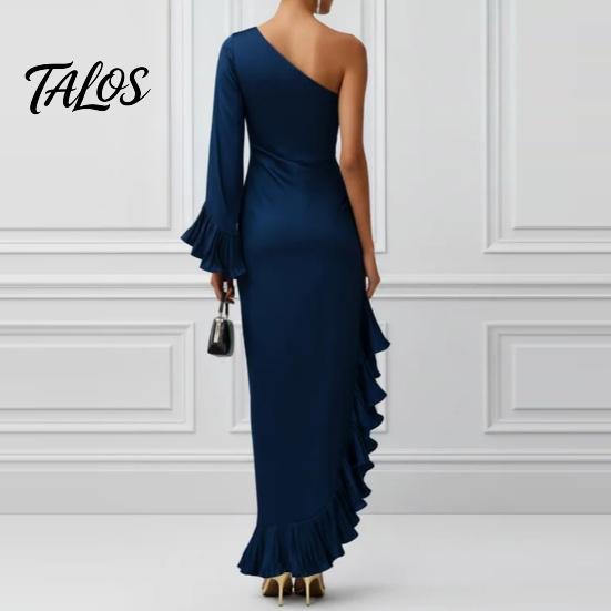 Talos Women's One Shoulder Asymmetric Ruffle Satin Dress, Formal Evening Party Gown, Long Sleeve Ruched Bridesmaid Dress