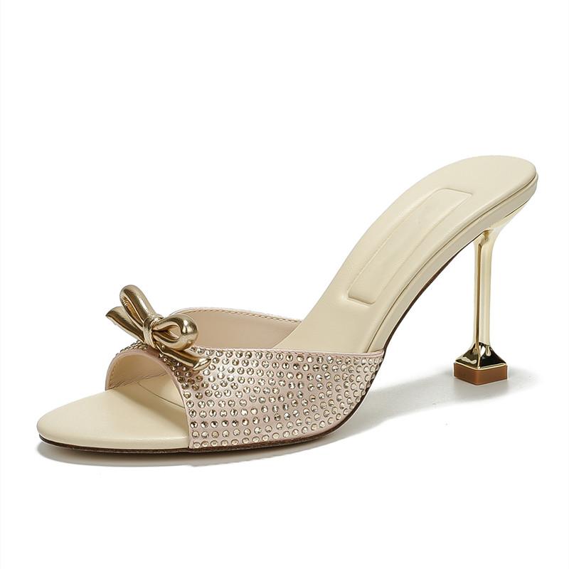 Fashion Luxury Rhinestones Satin Bowknot Peep toe Women Slippers Sandals Fashion Thin High heels Mules Slides Summer Party Prom Shoes