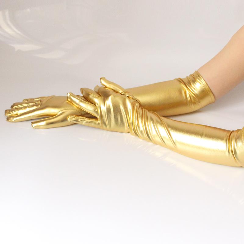 Shiny Gold and Silver Patent Leather Long Gloves for Stage Performance