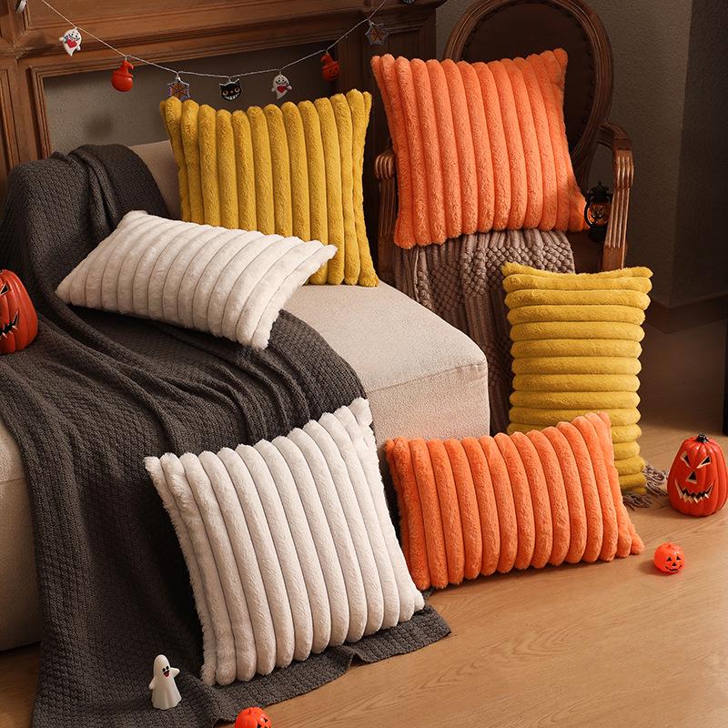 Autumn & Winter Plush Stripe Lumbar Pillow - Christmas Orange & Halloween Rabbit Fur Texture Throw Cushion