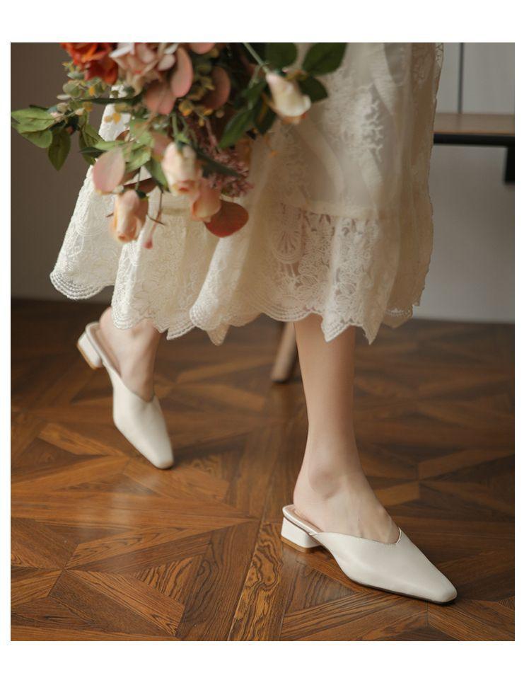Flat-bottomed Bag Head, Half Slippers, Women's Summer Wear Thick Heels, Soft Leather One-word Drag, Women's Pointed Mueller Shoes, Square Head,