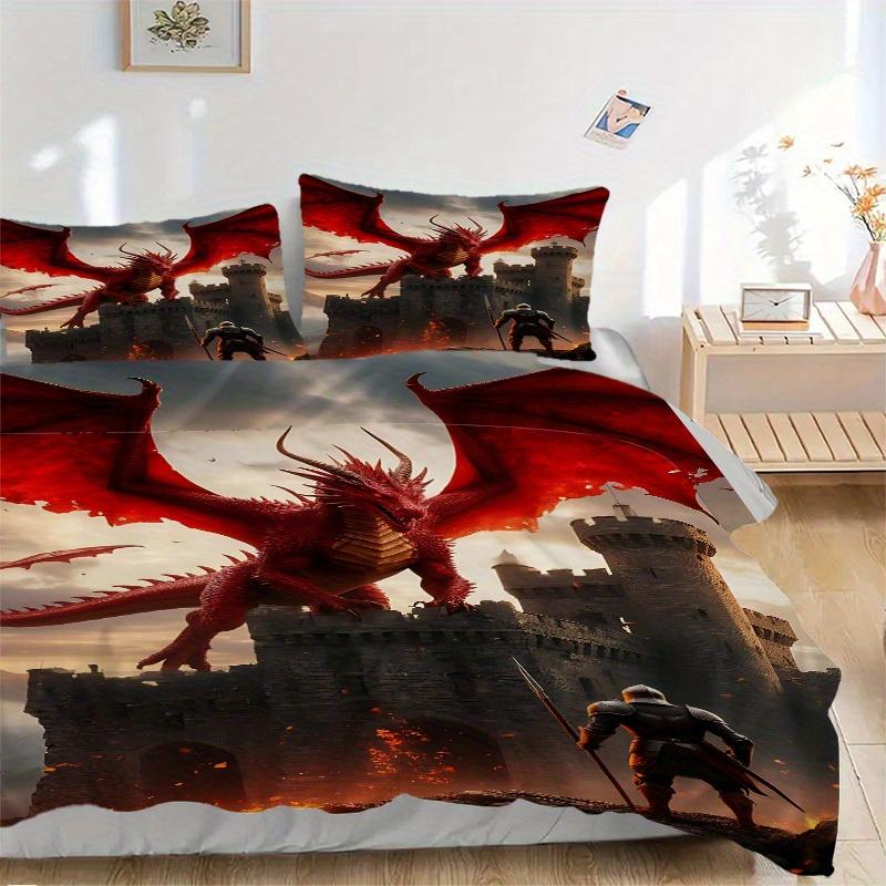 3pcs Dragon Castle 1Cover + 2Pillowcases, PillowInserts NotIncluded, Machine Washable, All - Season Use, Suitable for Bedroom Guest Room84
