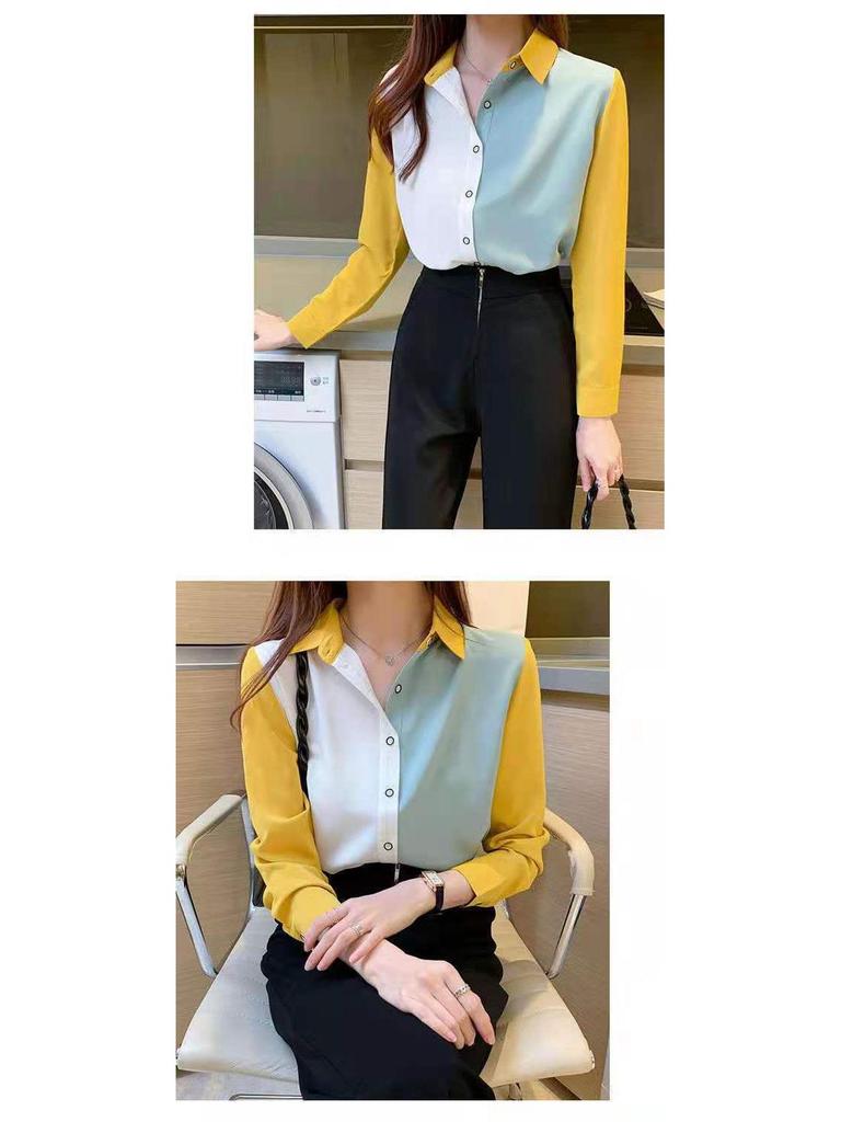 Women's Color Block Long Sleeve Chiffon Blouse - Korean Style, Spring/Autumn Versatile Loose Top