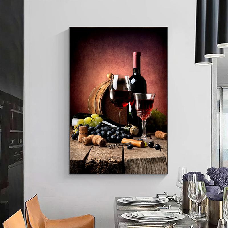 Wine Glass Bottle Posters and Prints Canvas Painting Wall Art Pictures for Dining Room Home Decor Grapes Wooden Barrel Cuadros