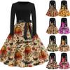 Halloween Print Flare Dress For Women Long Sleeve Dress Hollow Party Casual Round Neck Dresses