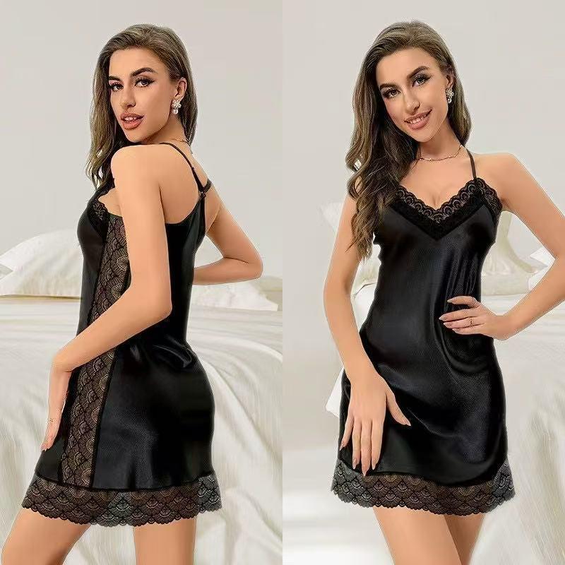 Women s Lace Trim Camisole Dress Pajamas - Sexy, Thin, Plain Color Home Wear XL чёрный